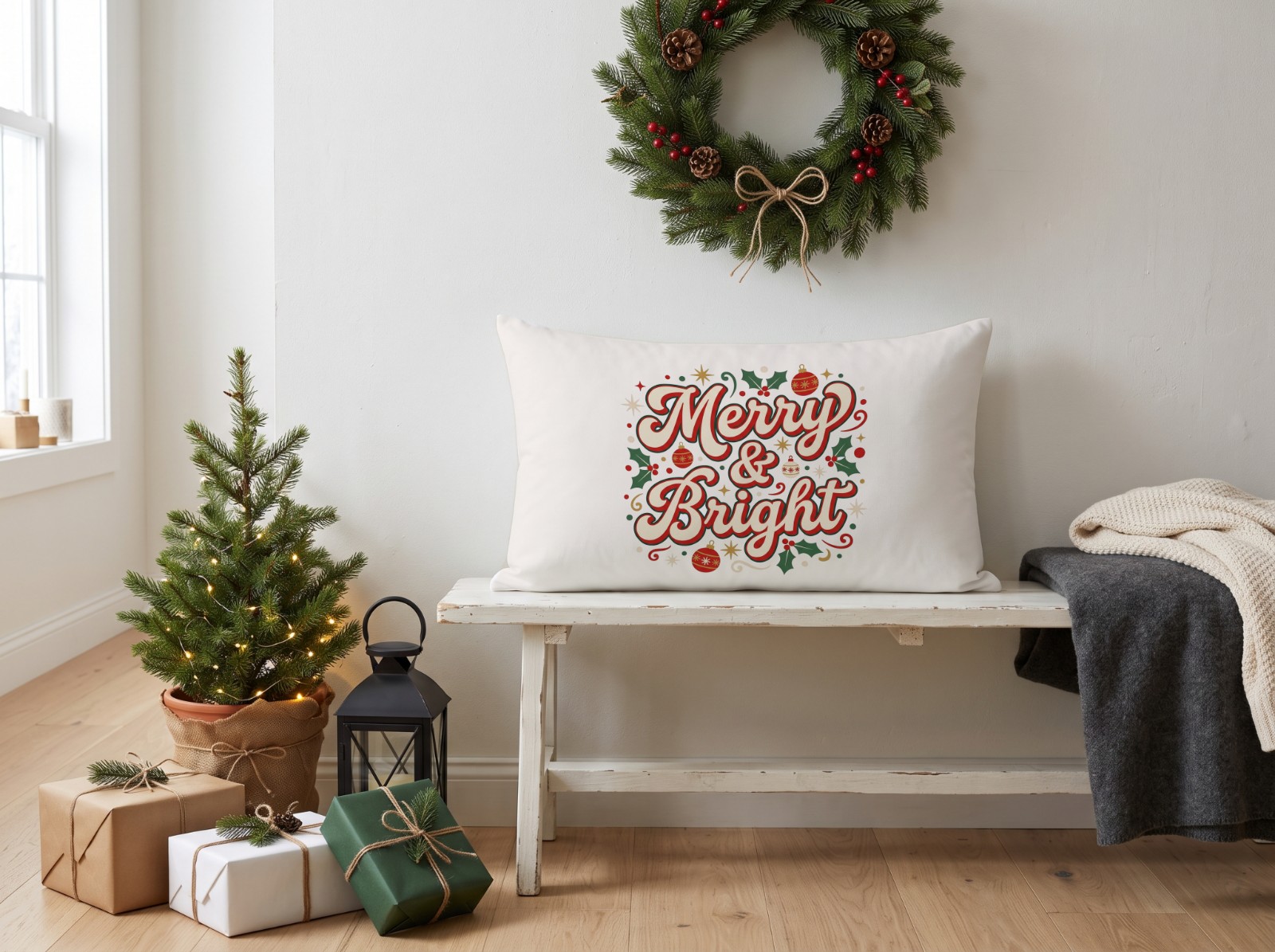 White Lumbar Pillow Christmas on a Bench under a Wreath showing a retro Merry & Bright design