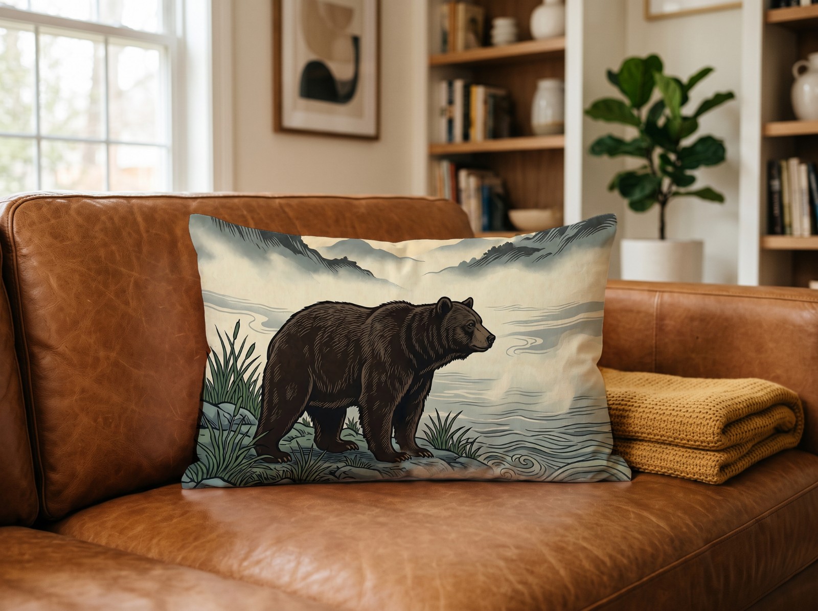 White Lumbar Pillow Mockup on a Cognac Leather Sofa example