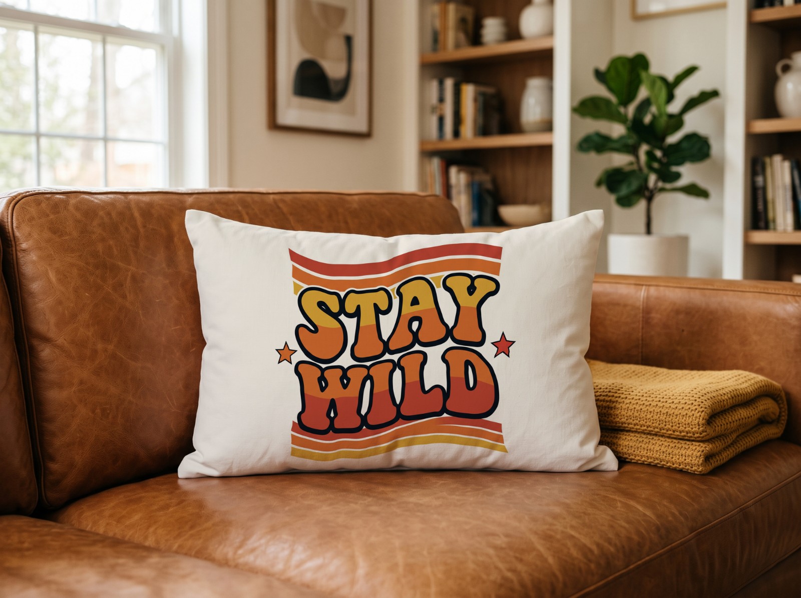 White Lumbar Pillow on a Cognac Leather Sofa showing the retro Stay Wild design