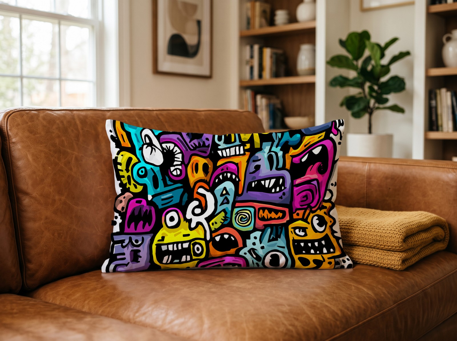 White Lumbar Pillow on a Cognac Leather Sofa showing the WTF monster doodles