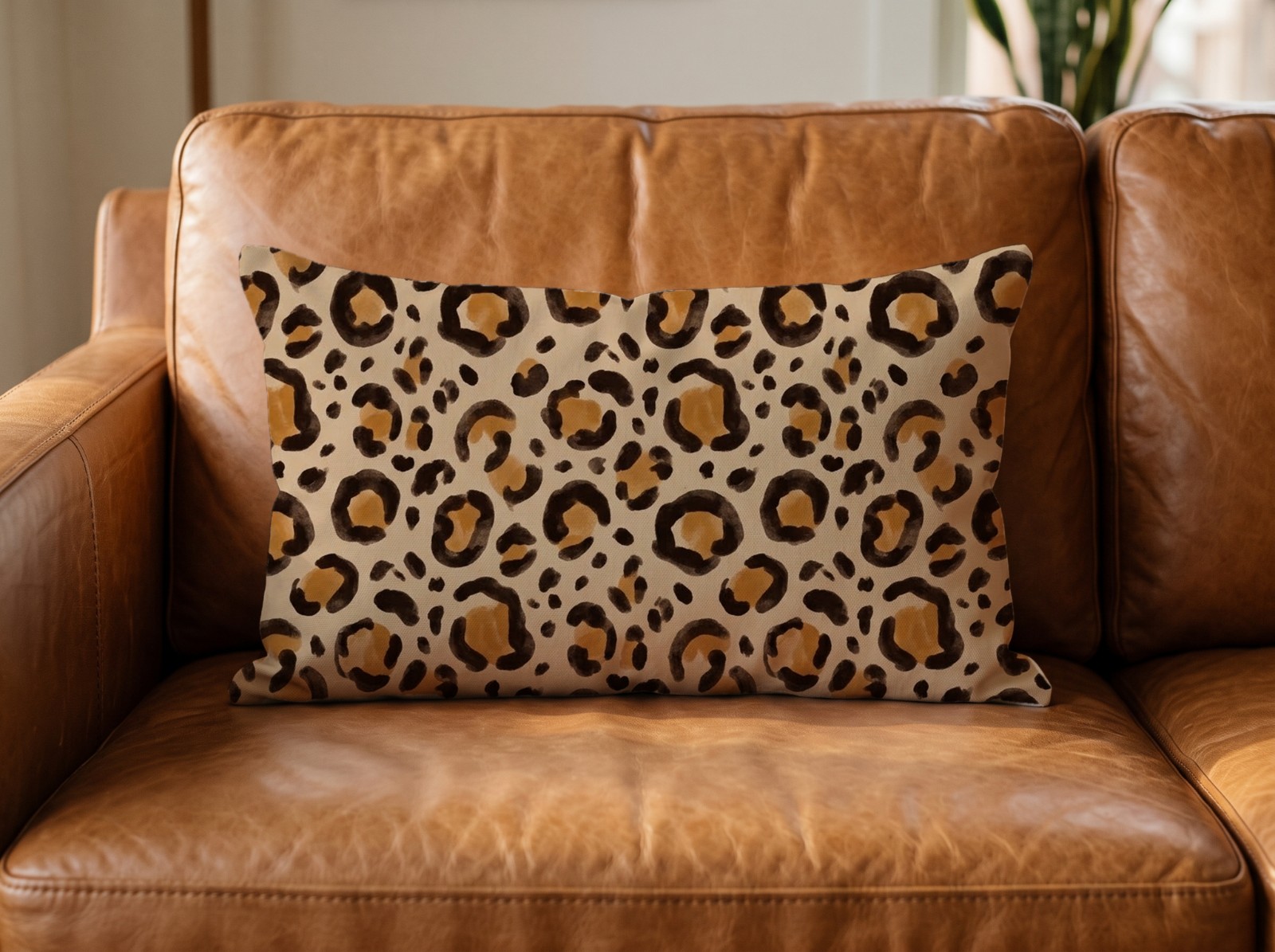 White Lumbar Pillow Mockup on a Leather Sofa in Warm Light example