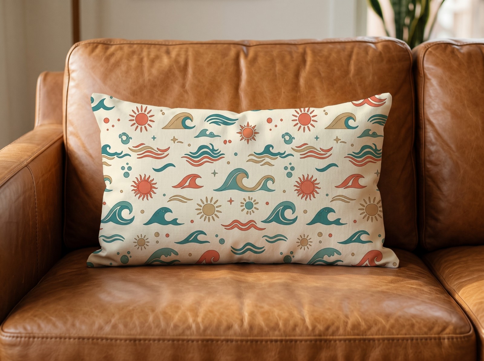 White Lumbar Pillow on a Leather Sofa in Warm Light showing a retro waves pattern