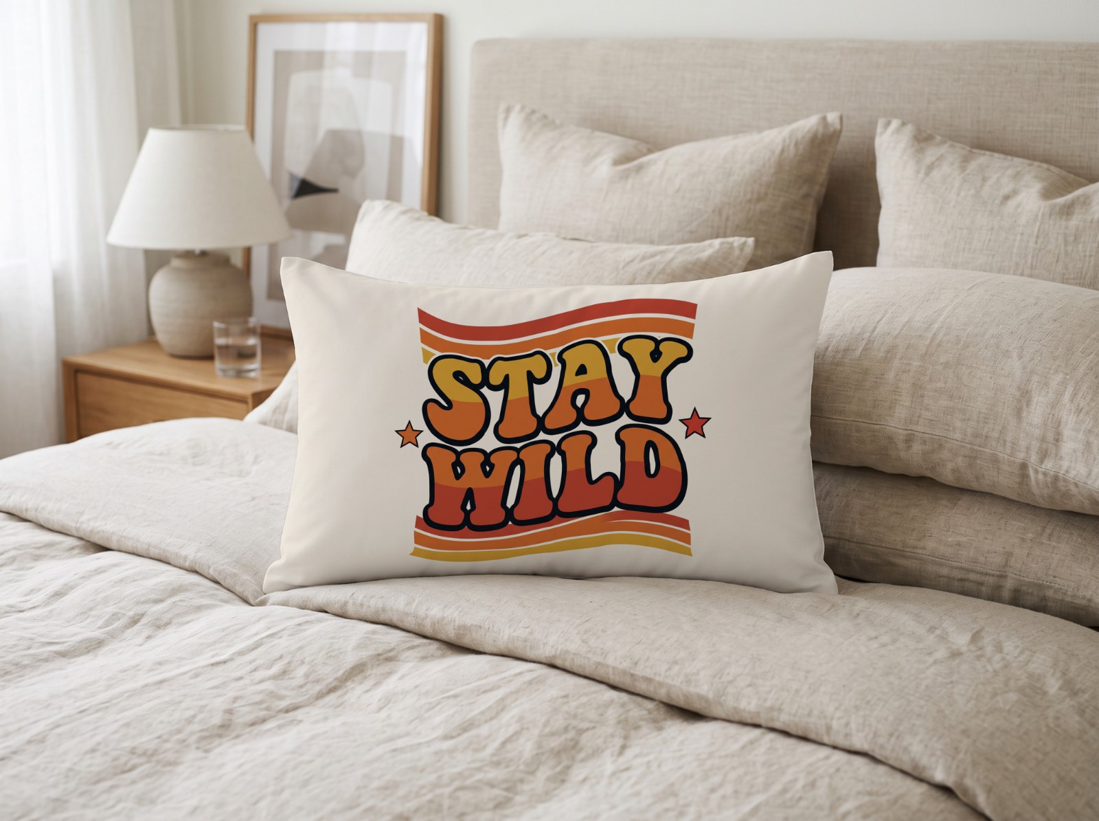 White Lumbar Pillow Mockup on a Linen Bed example