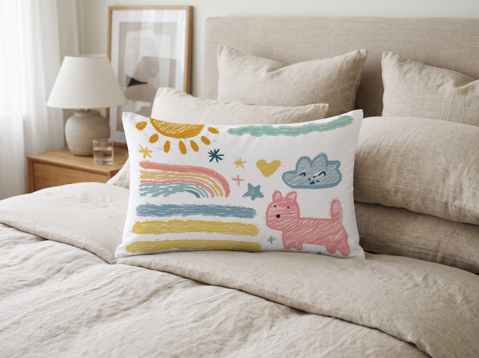 White Lumbar Pillow on a Linen Bed showing the crayon doodles artwork