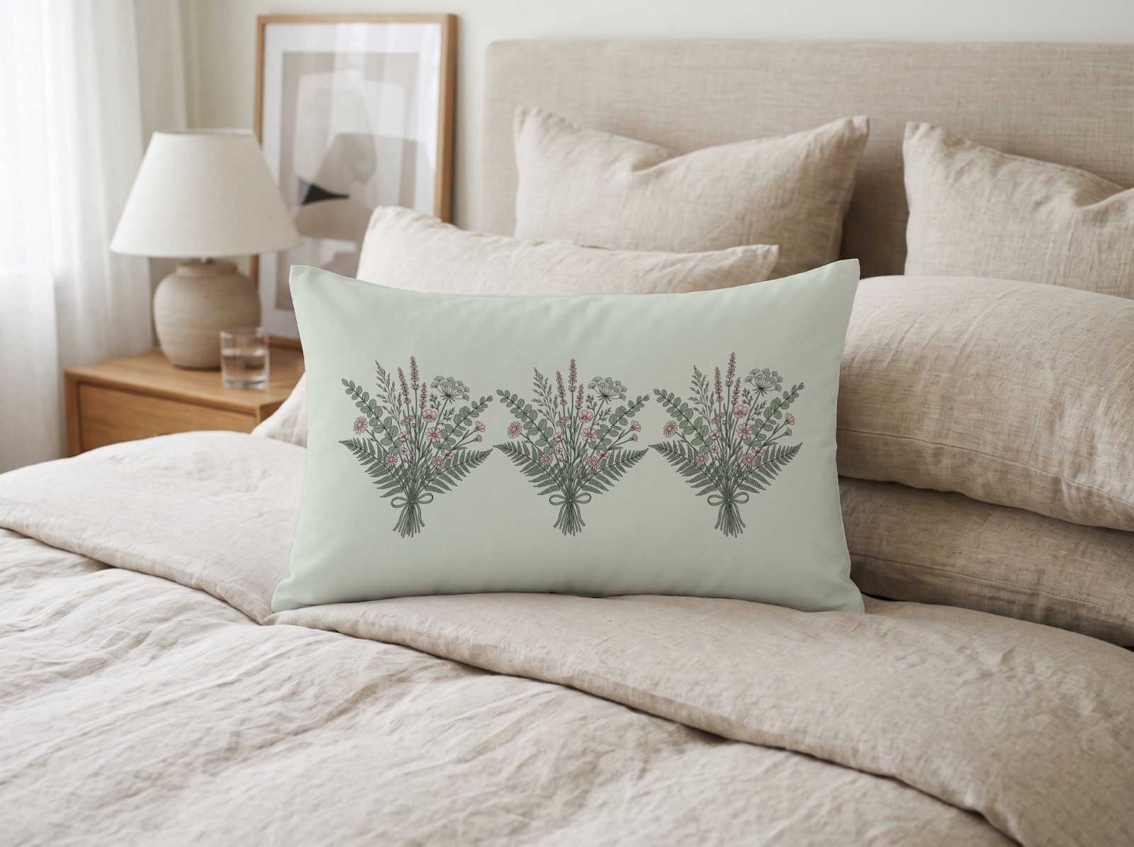 White Lumbar Pillow on a Linen Bed showing the botanical bouquet line art