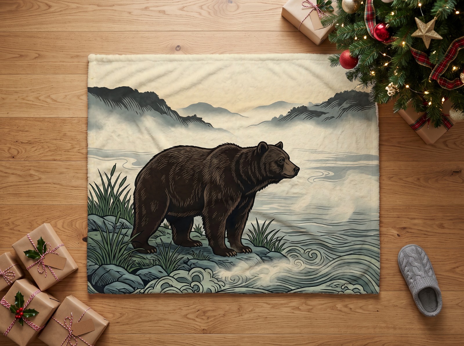 White Minky Blanket Under a Christmas Tree showing the Bear River Mist art print