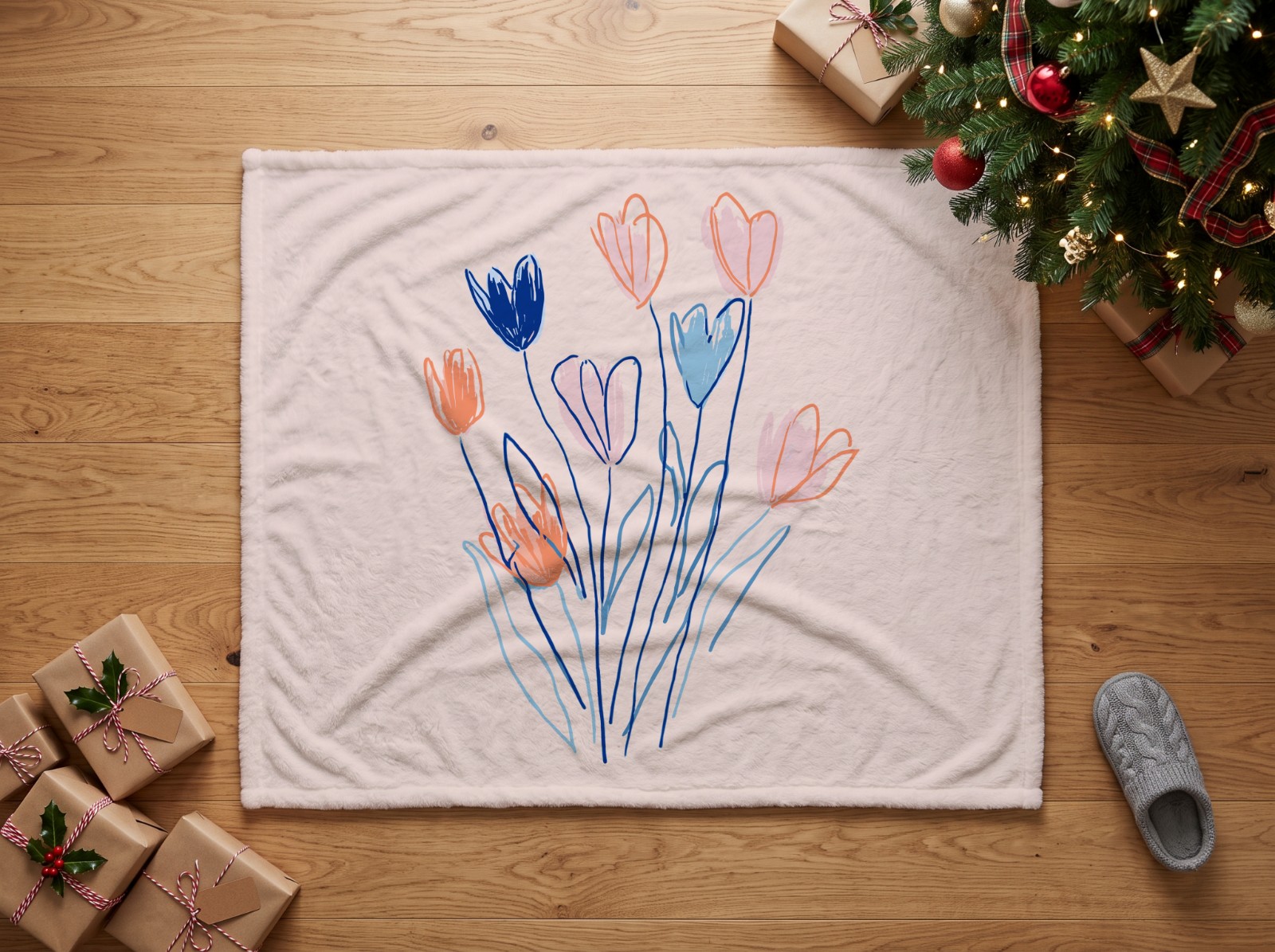 White Minky Blanket Under a Christmas Tree showing the hand-drawn Flowers artwork