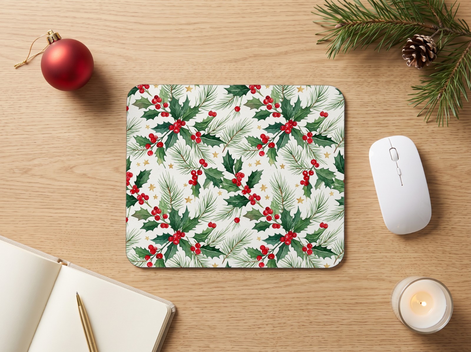 White Mouse Pad Christmas Mockup on an Oak Desk with a Red Bauble example