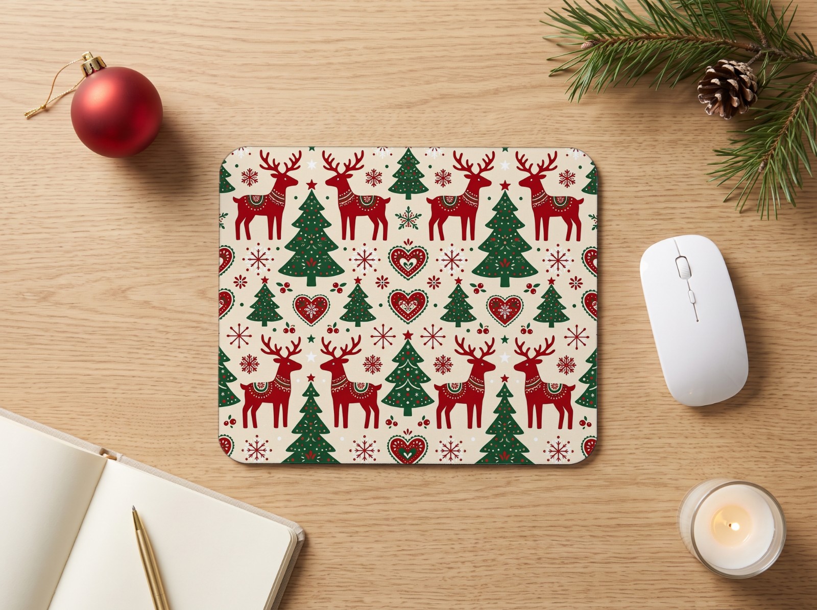 White Mouse Pad Christmas on an Oak Desk with a Red Bauble showing a Nordic reindeer and pine pattern