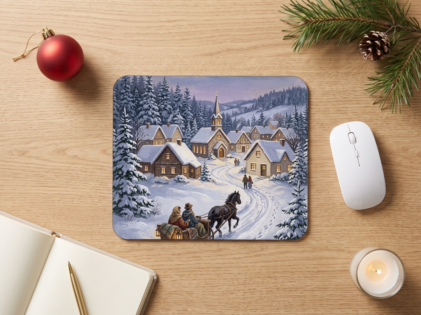 White Mouse Pad Christmas on an Oak Desk with a Red Bauble showing a vintage snowy winter village painting