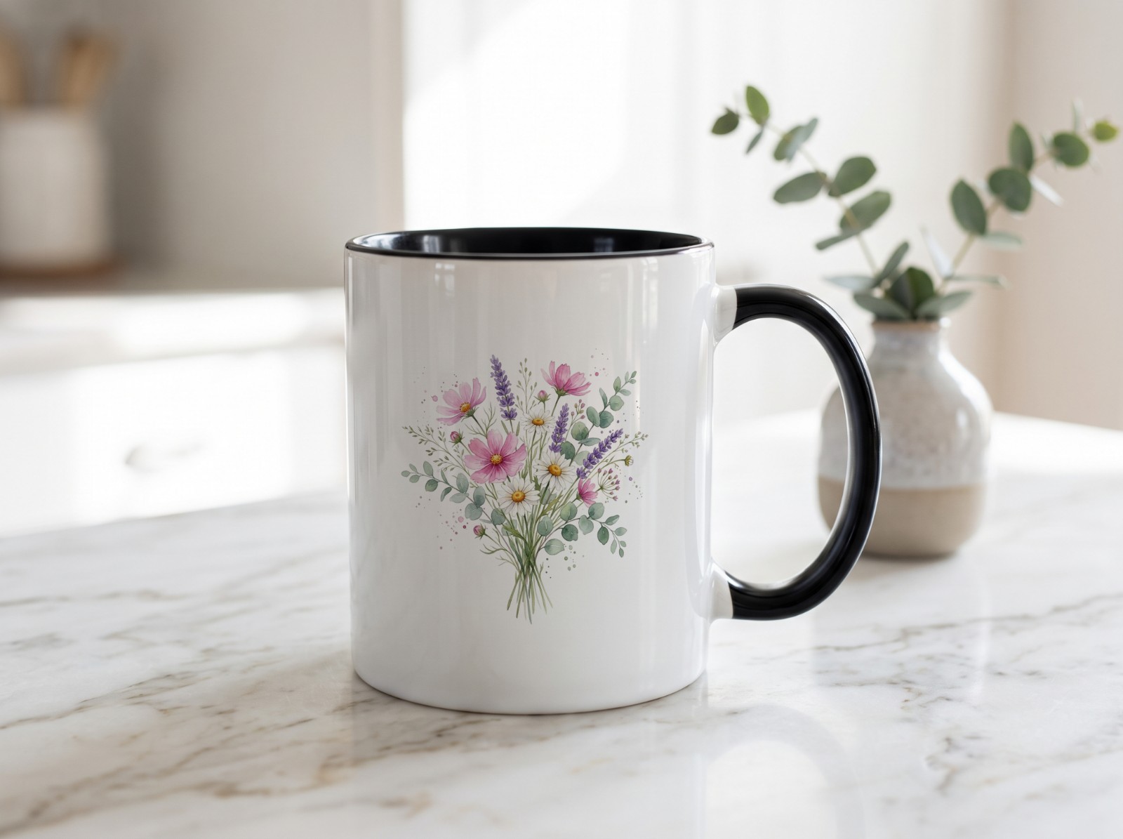 Black Accent Mug on a Marble Counter showing a watercolour wildflower bouquet