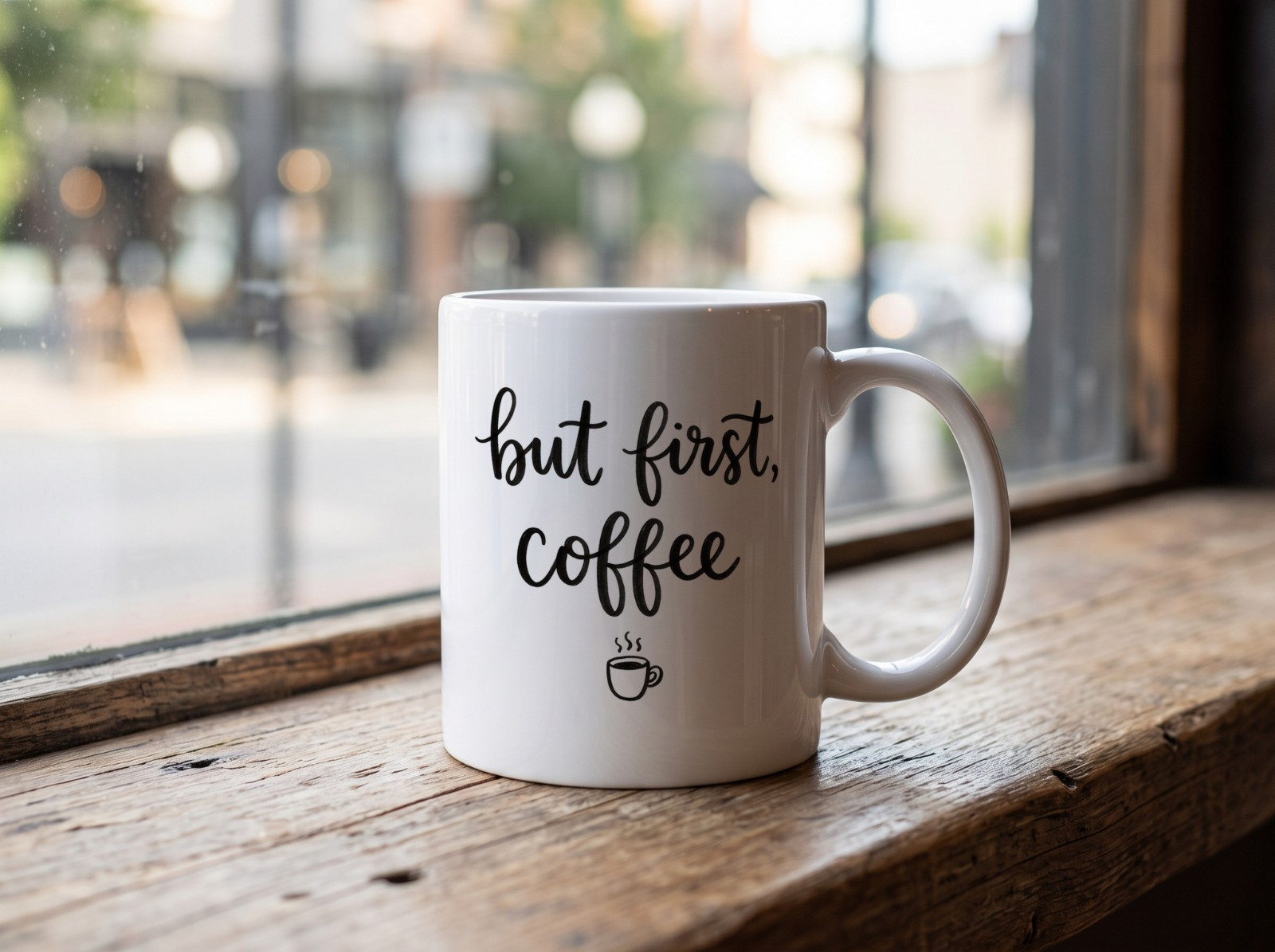 White Mug Mockup on a Cafe Window Ledge example