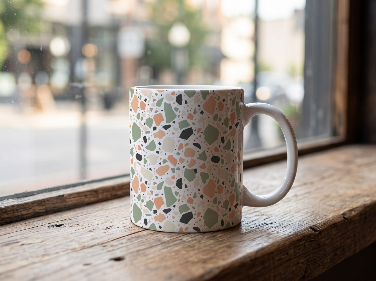 White Mug on a Cafe Window Ledge showing a pastel terrazzo pattern