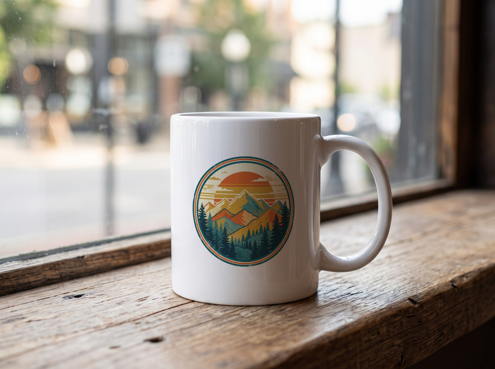 White Mug on a Cafe Window Ledge showing a retro mountain sunset badge