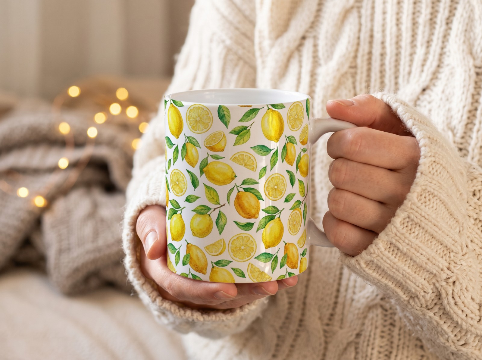 White Mug Mockup Held in Hands in Cream Knit Sweater Sleeves example
