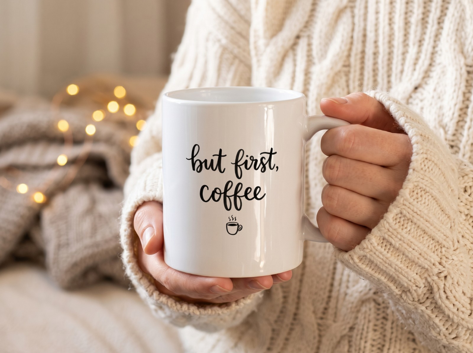 White Mug Held in Hands in Cream Knit Sweater Sleeves showing a But First Coffee lettering design