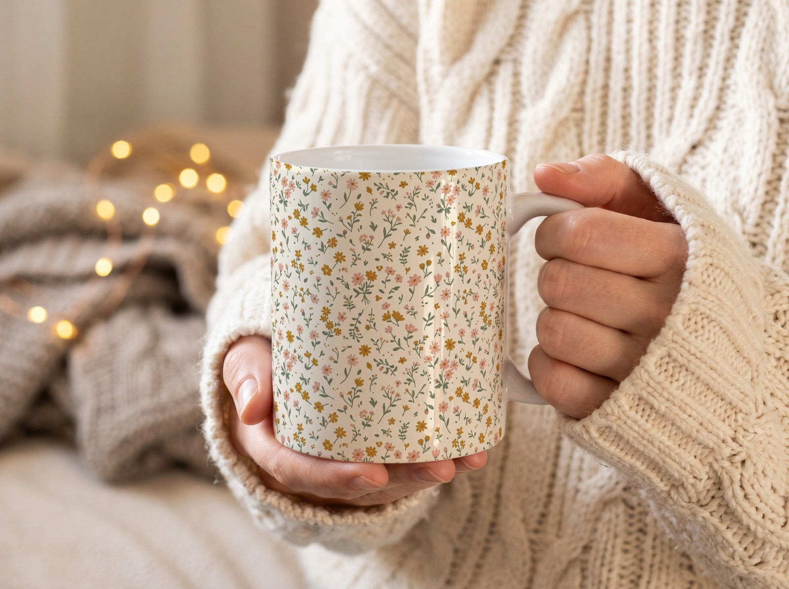 White Mug Held in Hands in Cream Knit Sweater Sleeves showing a ditsy wildflower pattern