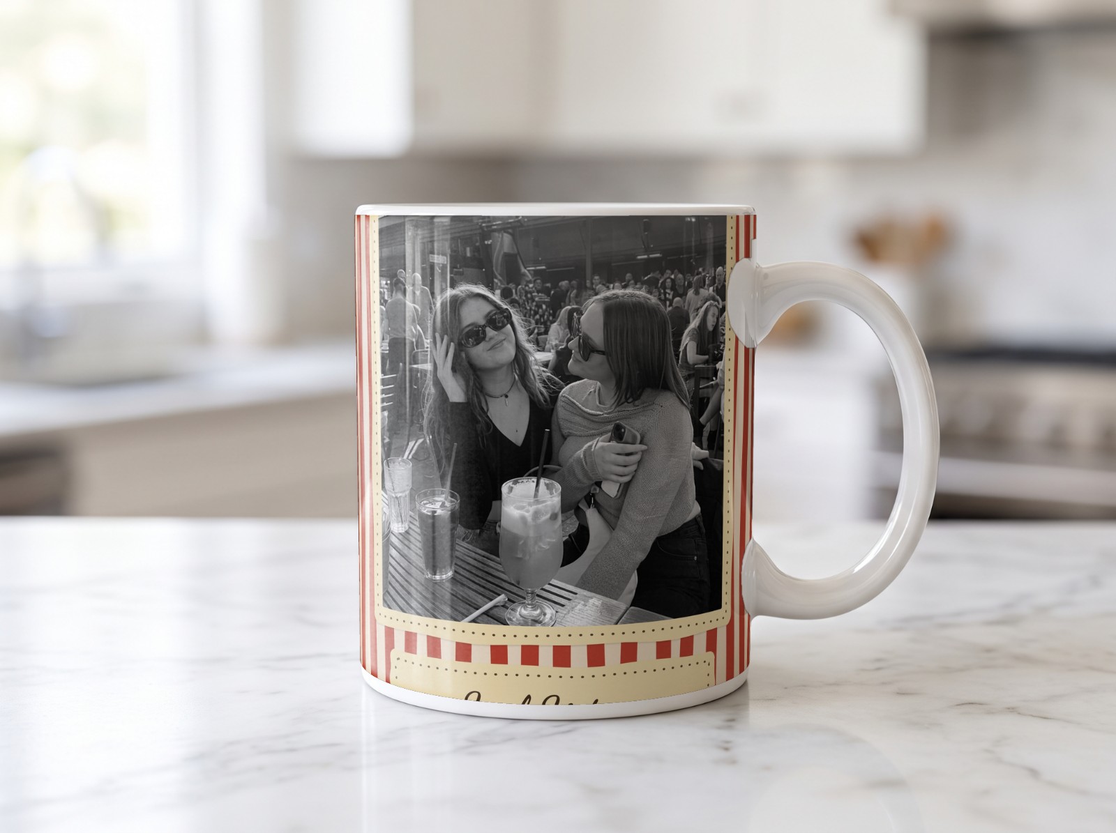 White Mug on a Marble Kitchen Counter showing a retro Soul Sisters photo print