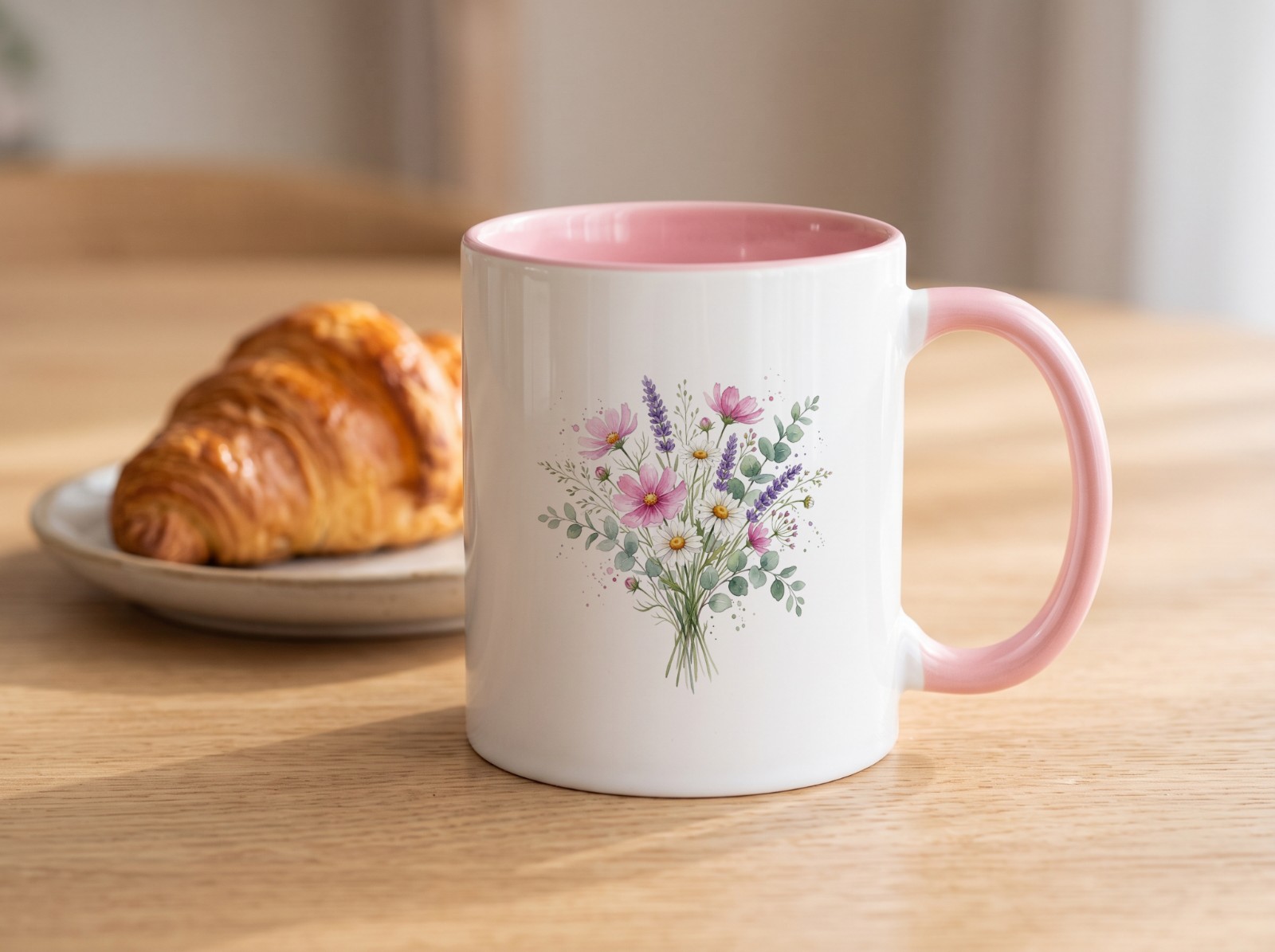 Pink Accent Mug Mockup on an Oak Table with a Croissant example