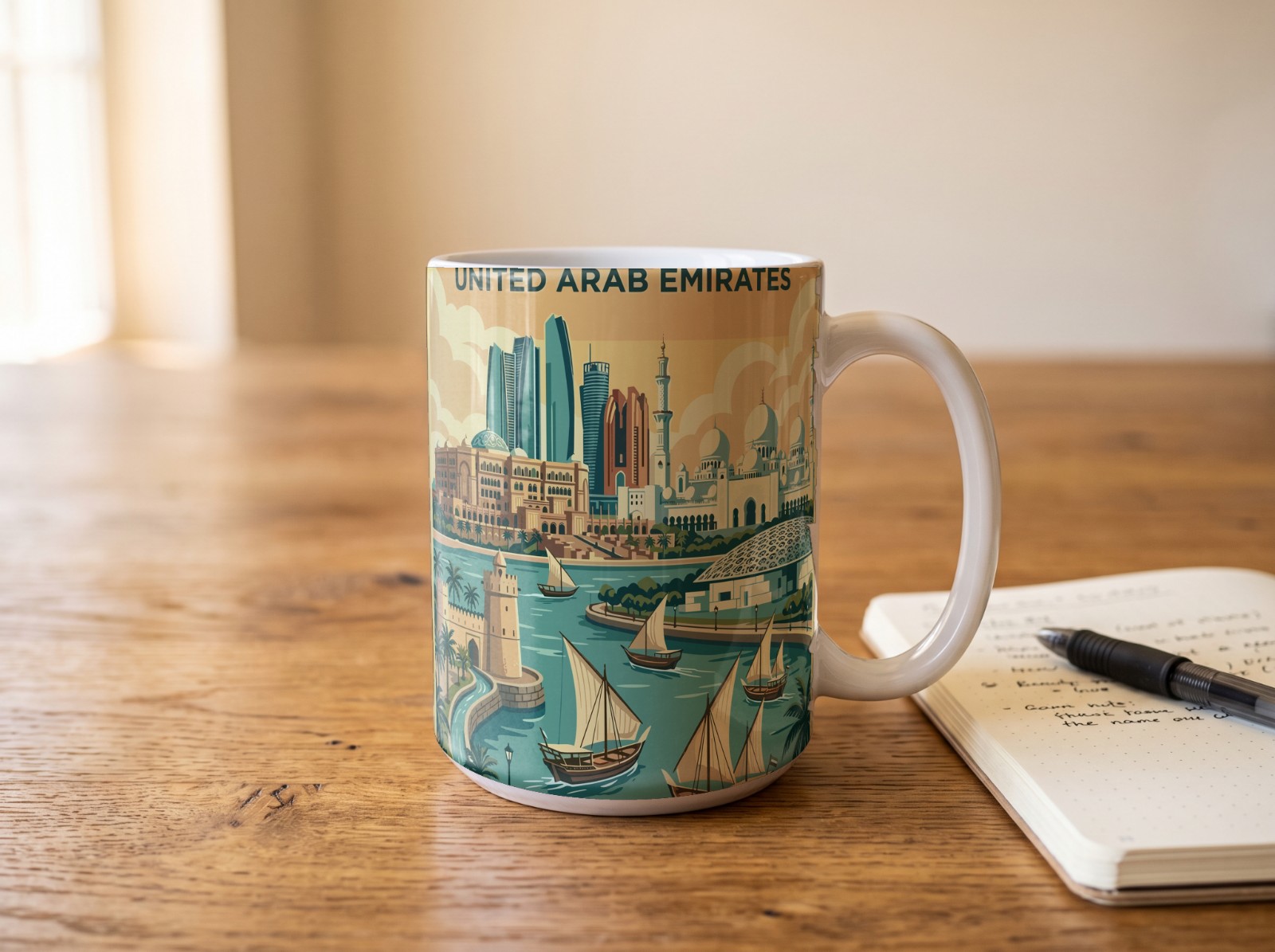 White Mug Mockup on a Wooden Desk with a Notebook example