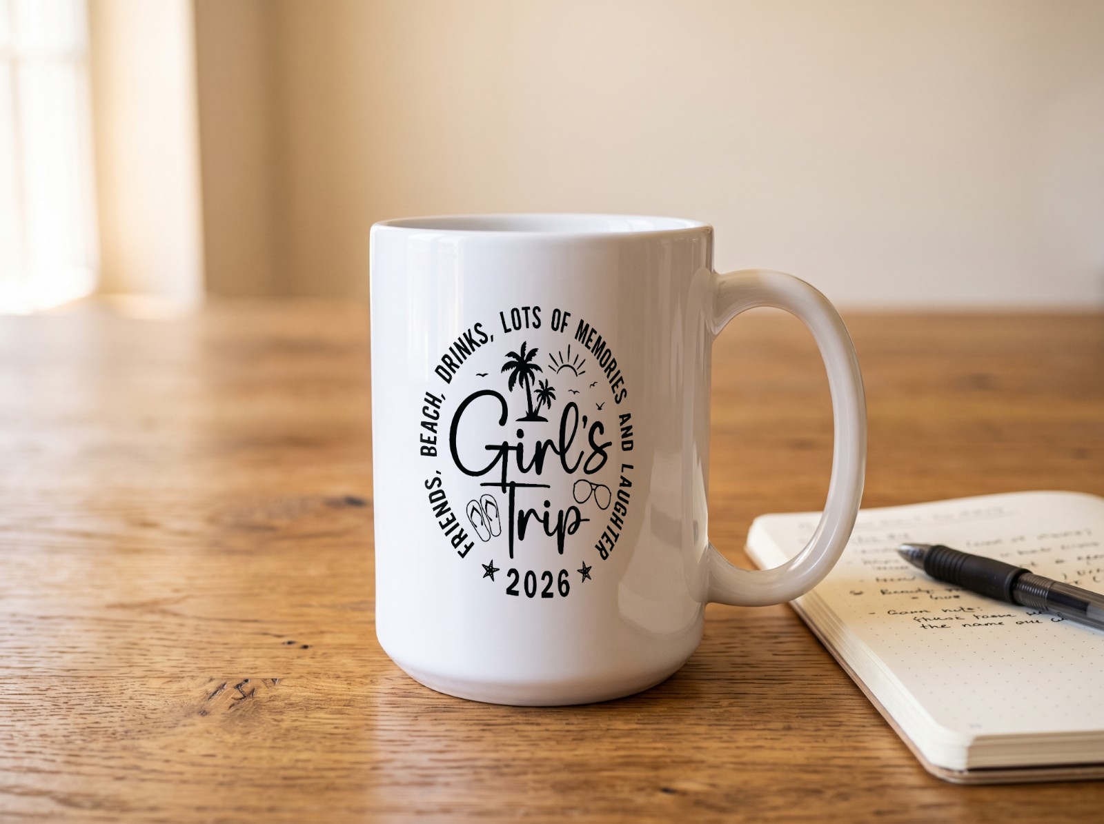 White Mug Mockup on a Wooden Desk with a Notebook example
