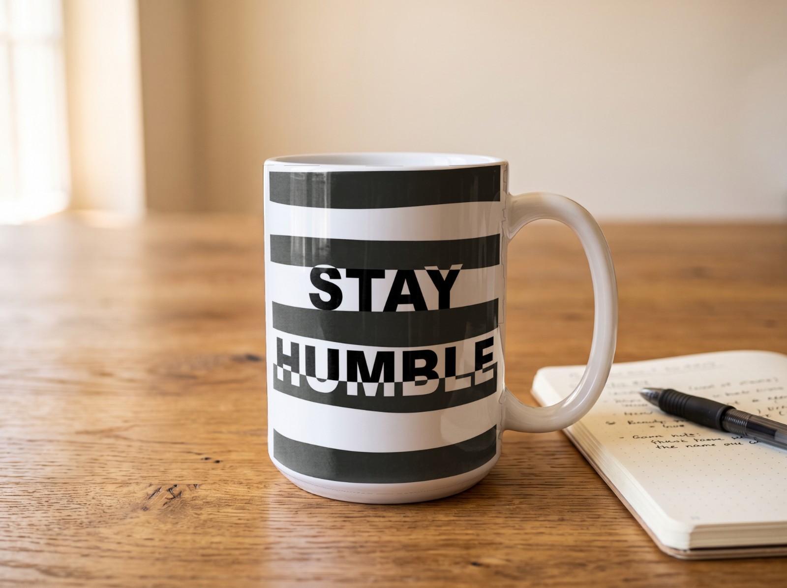 White Mug on a Wooden Desk with Notebook showing a Stay Humble typography print