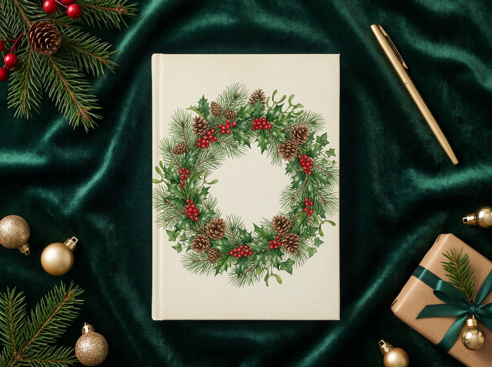 White Hardcover Notebook Christmas Mockup on Green Velvet with a Gold Pen example