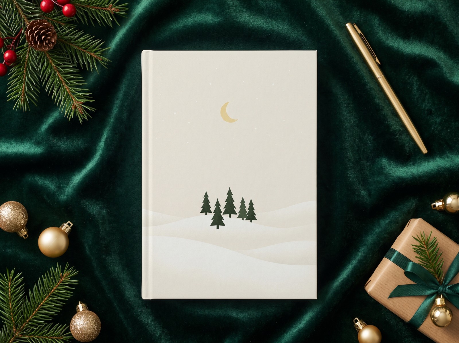 White Hardcover Notebook Christmas on Green Velvet with a Gold Pen showing a minimal Nordic pine tree print