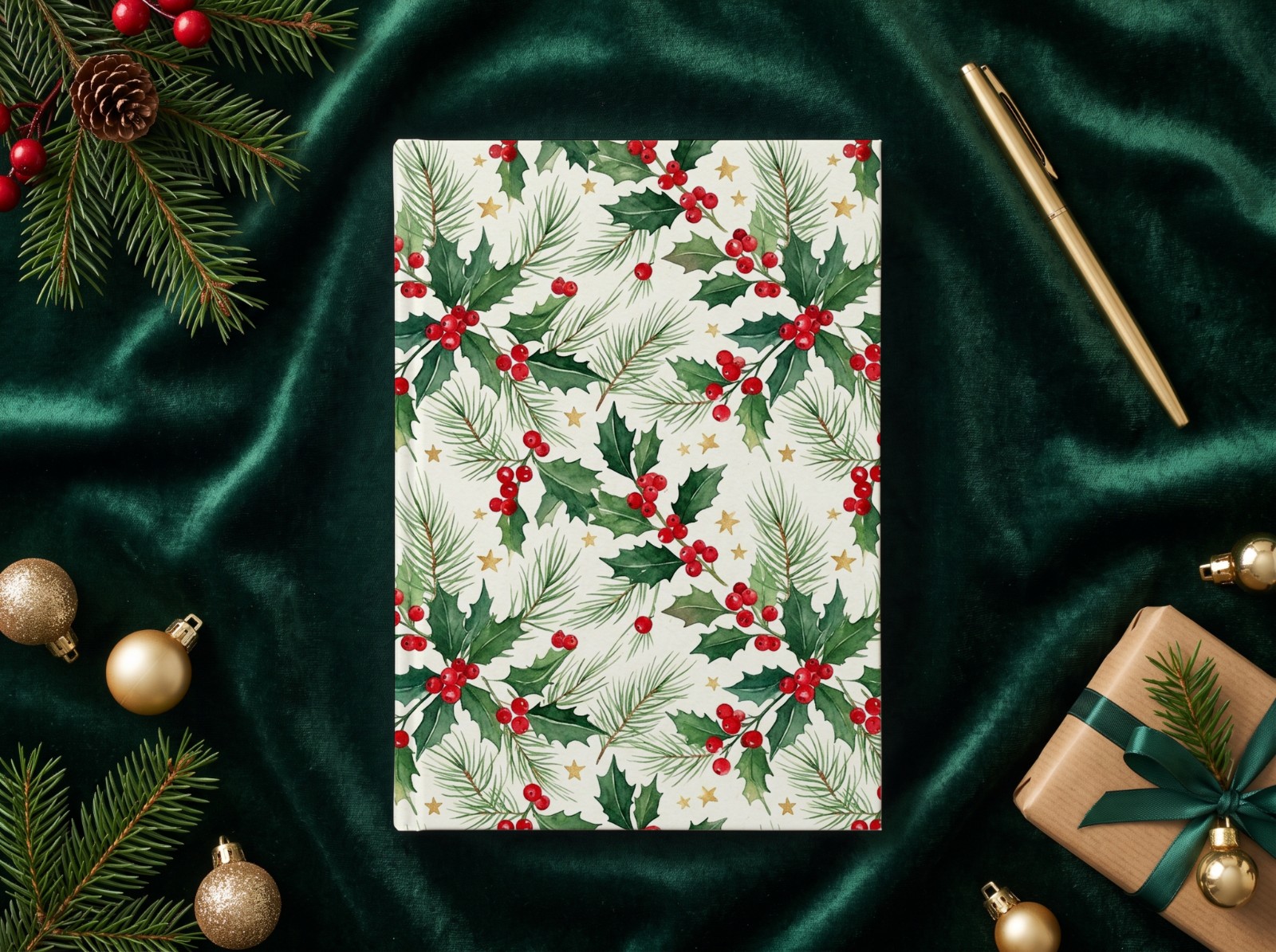 White Hardcover Notebook Christmas on Green Velvet with a Gold Pen showing a watercolour holly and pine pattern