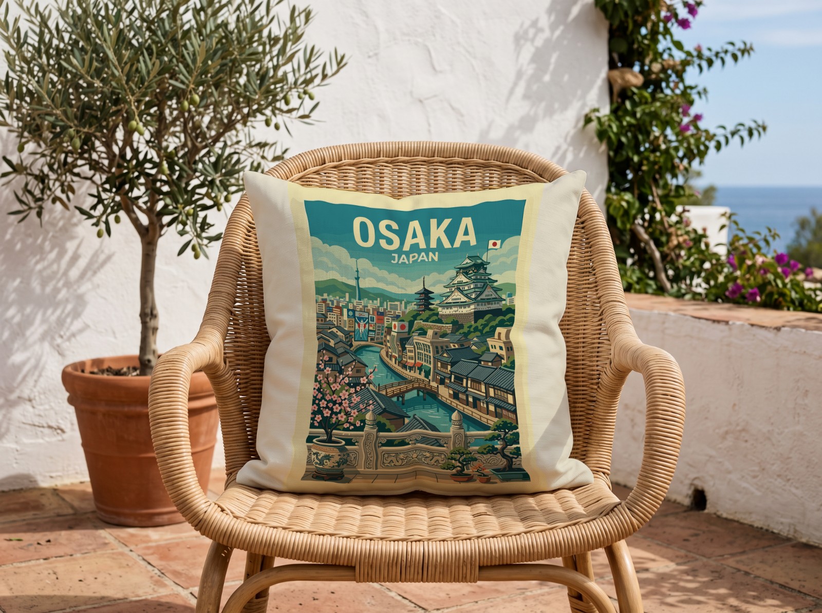 White Outdoor Pillow Mockup on a Rattan Chair on a Sunny Terrace example