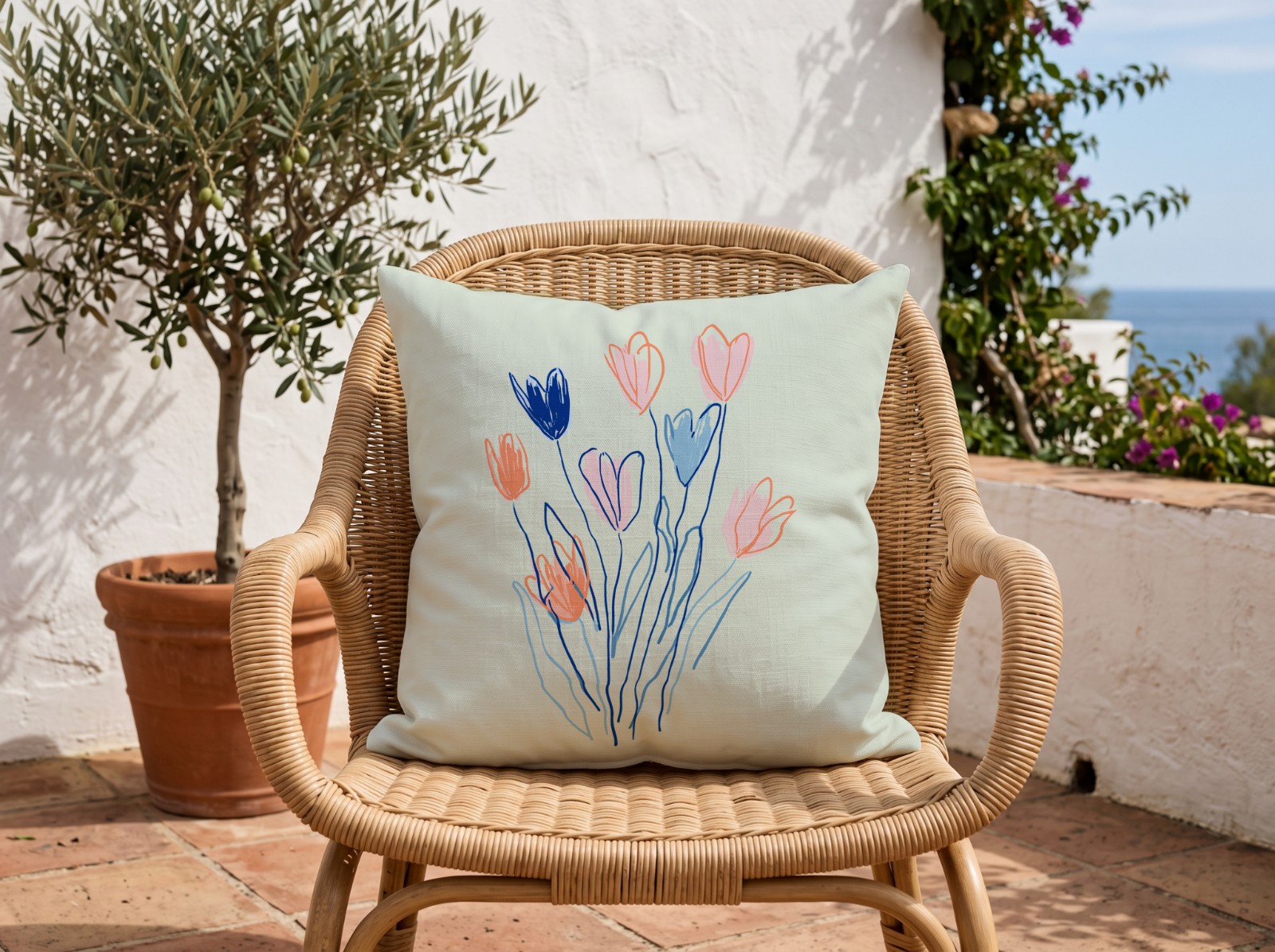 White Outdoor Pillow on a Rattan Chair on a Sunny Terrace showing the hand-drawn Flowers artwork