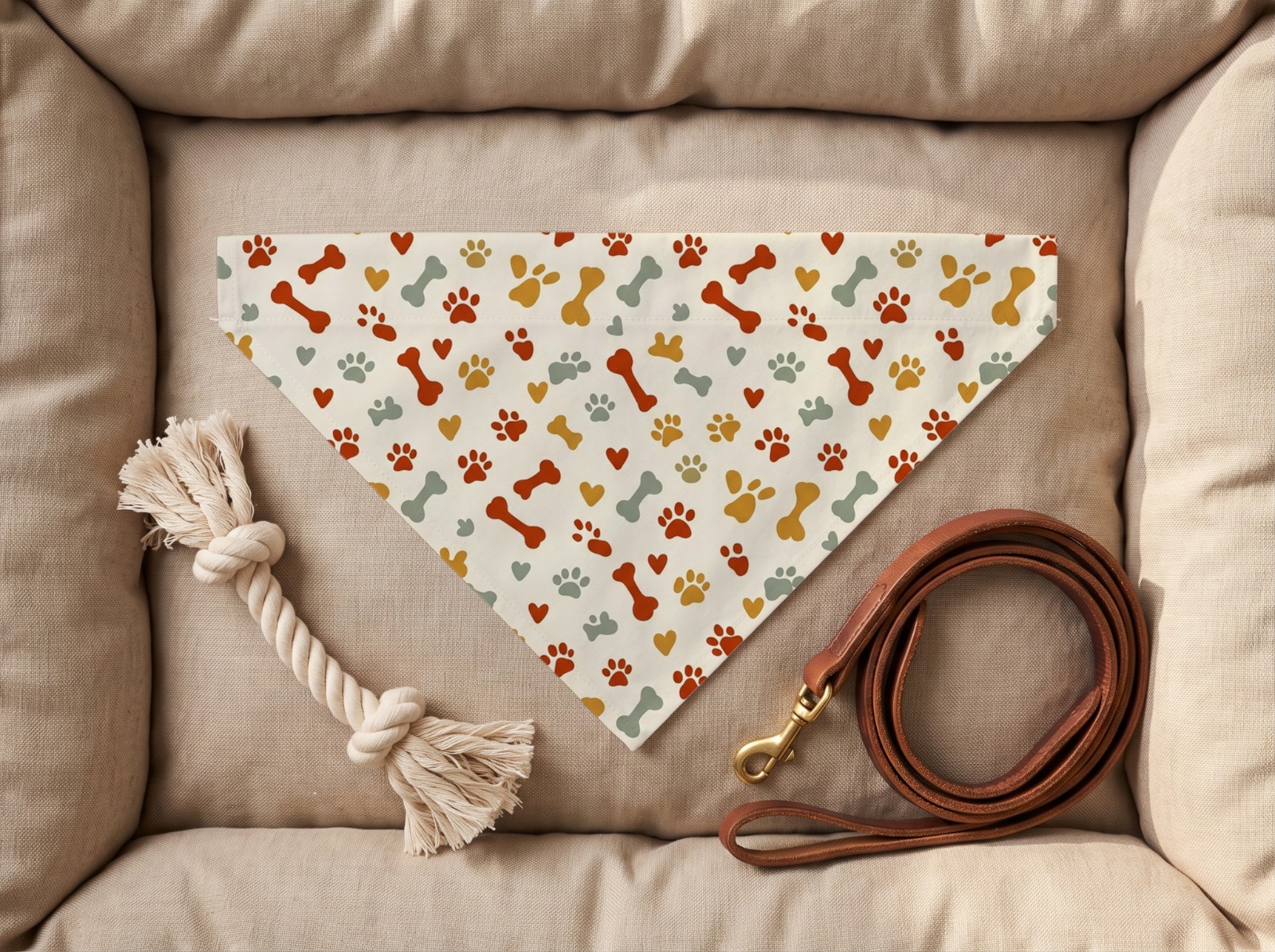 White Pet Bandana on a Dog Bed with a Rope Toy showing a paw print pattern