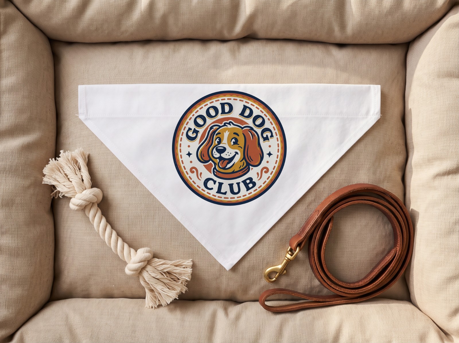 White Pet Bandana on a Dog Bed with a Rope Toy showing a Good Dog Club badge