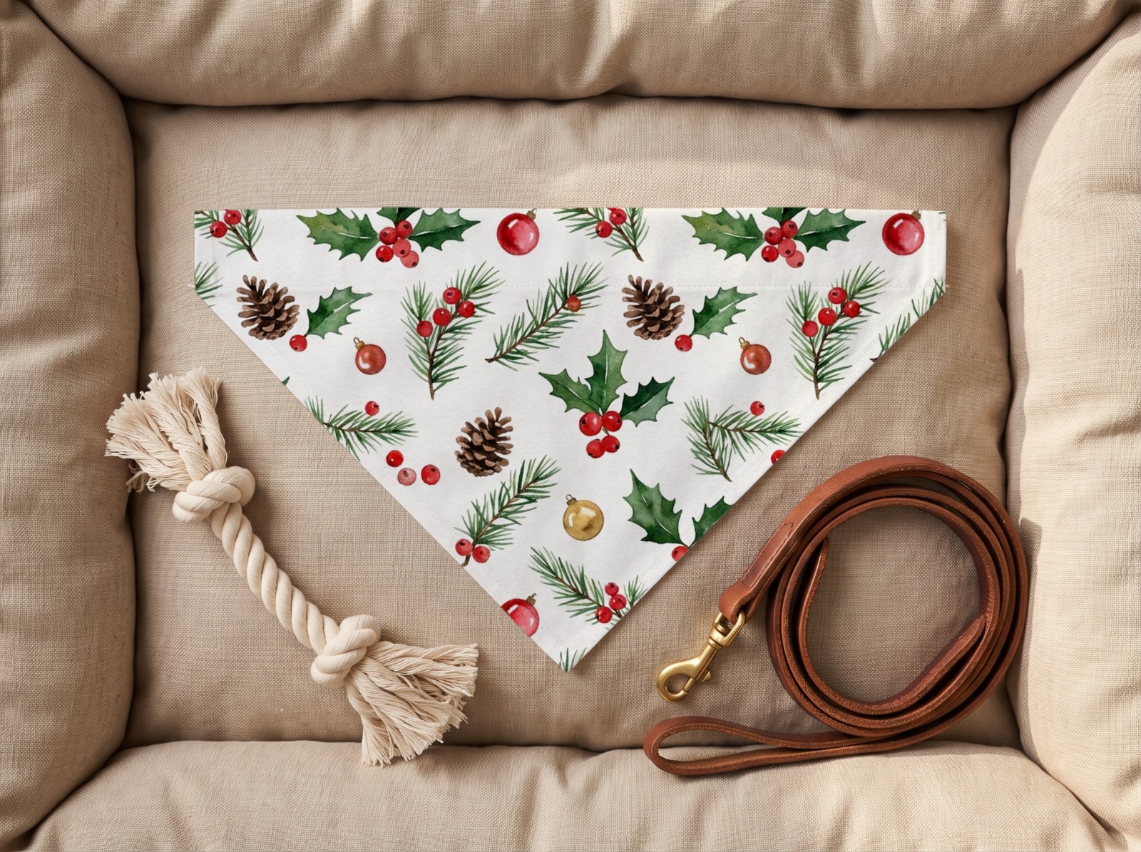 White Pet Bandana on a Dog Bed with a Rope Toy showing a holly pattern