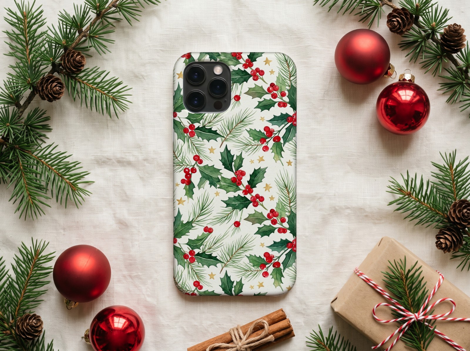 White Phone Case Christmas Mockup on Linen with Red Baubles and Pine example