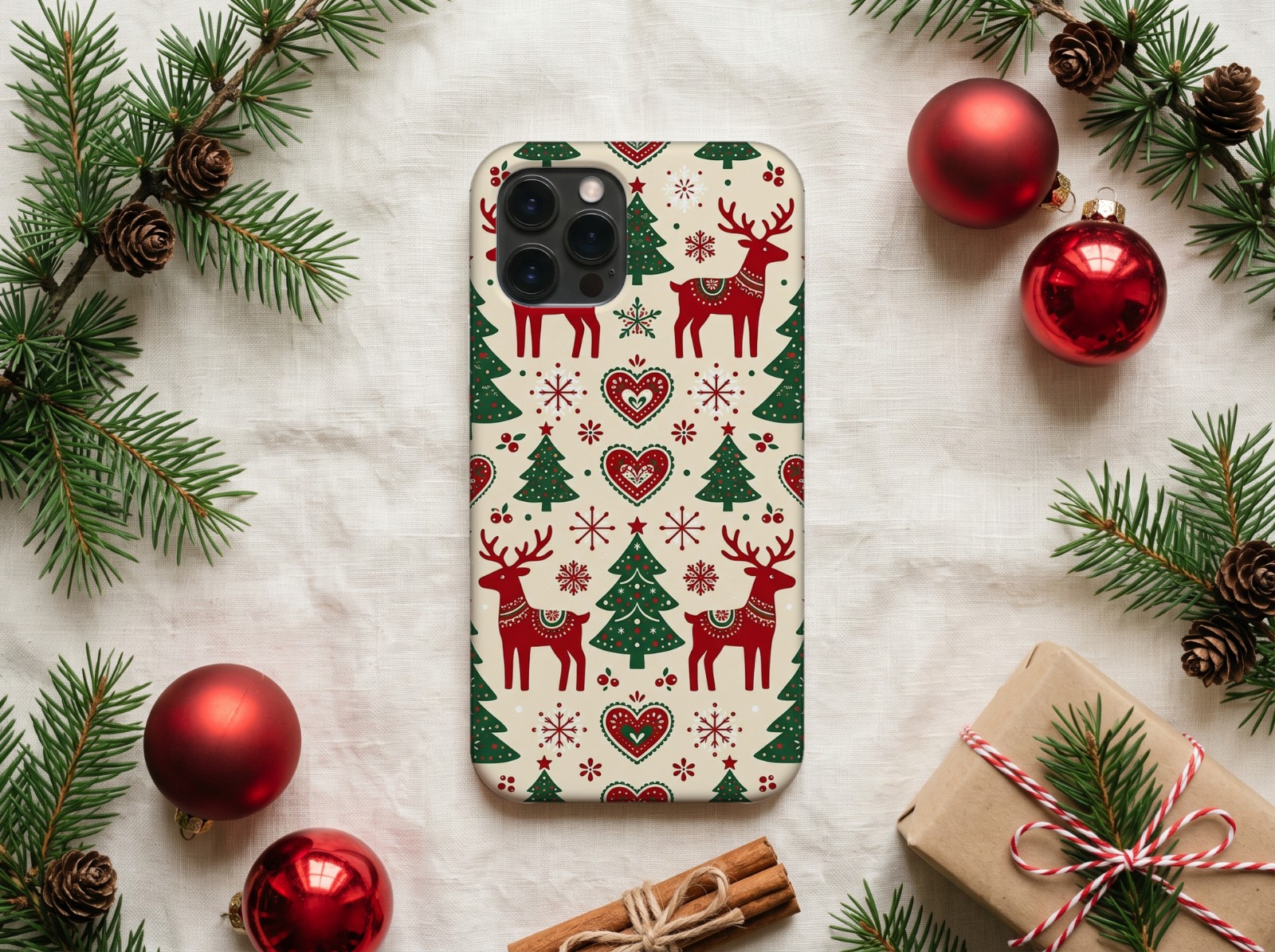 White Phone Case Christmas on Linen with Red Baubles and Pine showing a Nordic reindeer and pine pattern