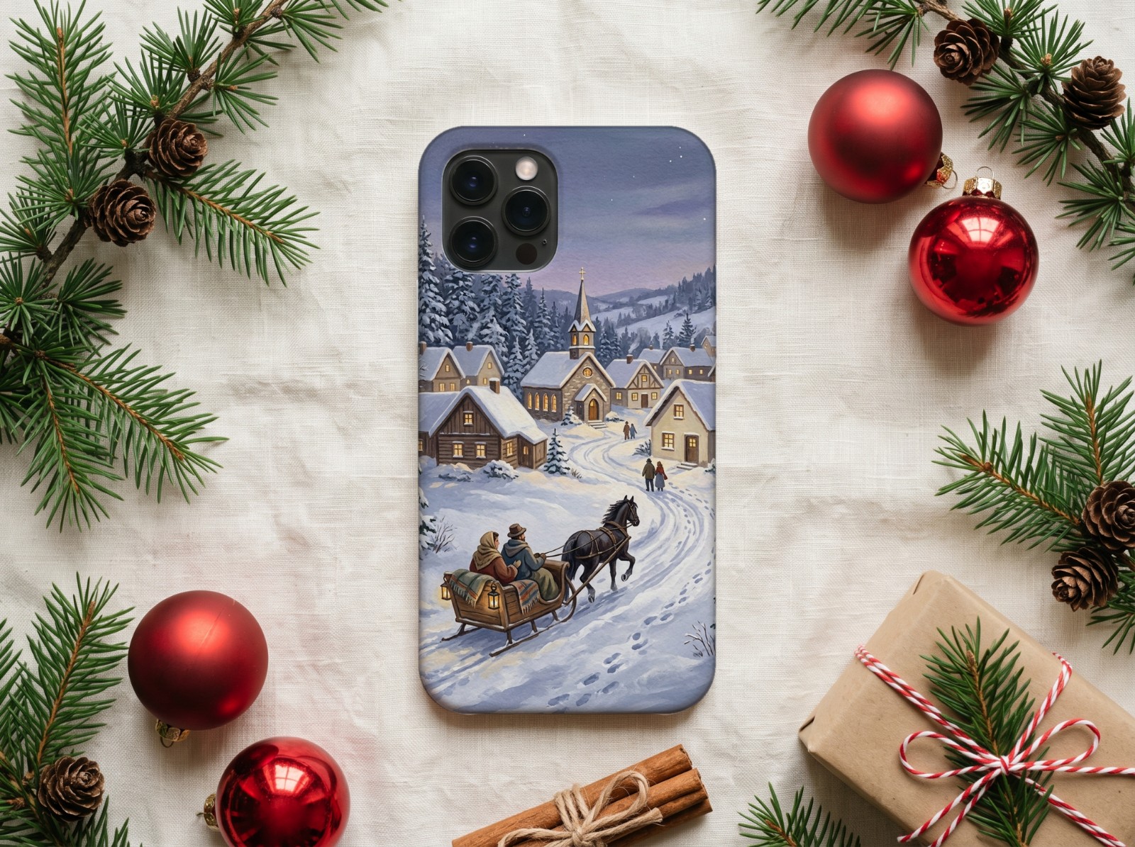 White Phone Case Christmas on Linen with Red Baubles and Pine showing a vintage snowy winter village painting