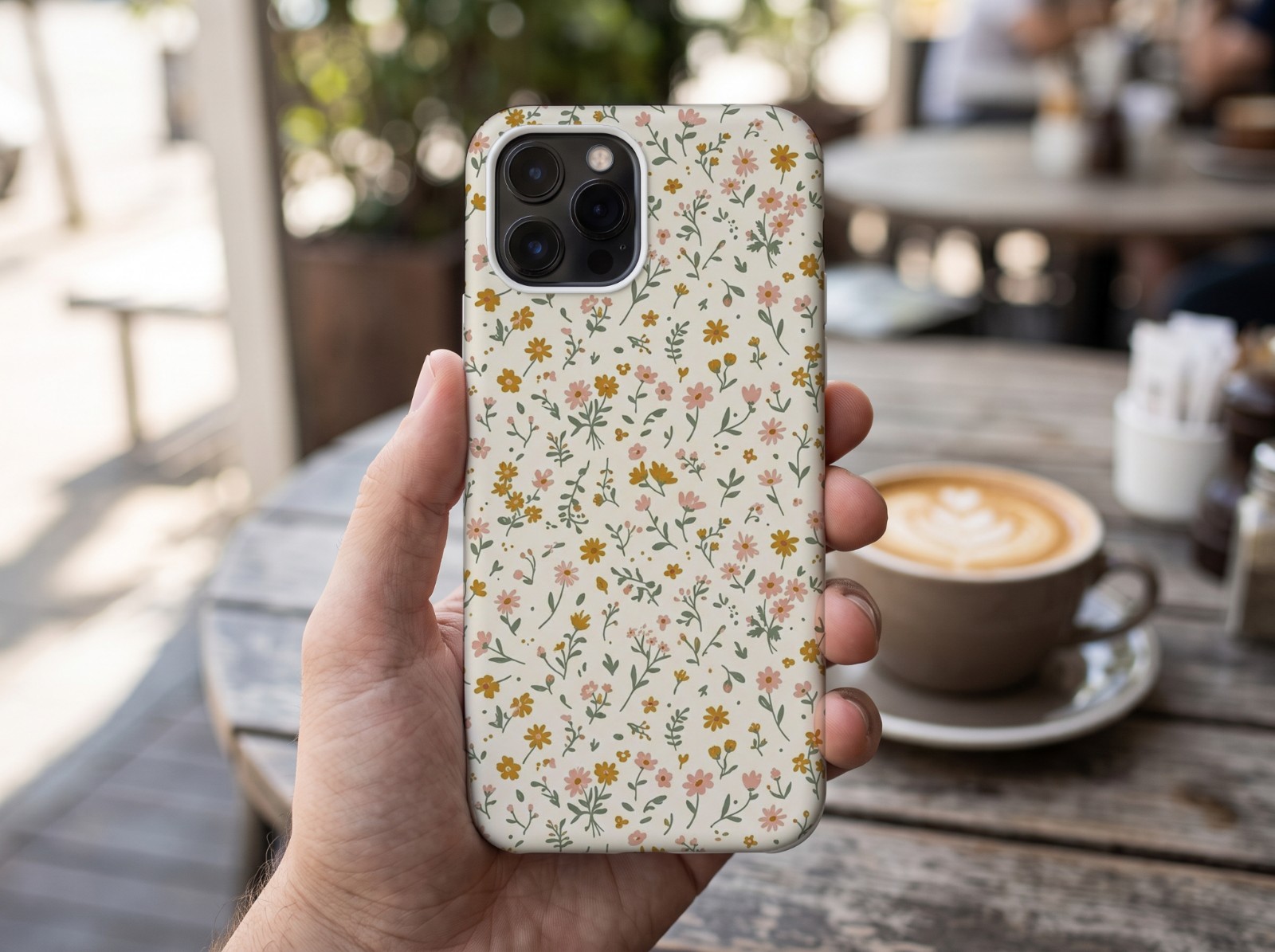White Phone Case Held in a Hand at a Cafe showing a ditsy wildflower pattern