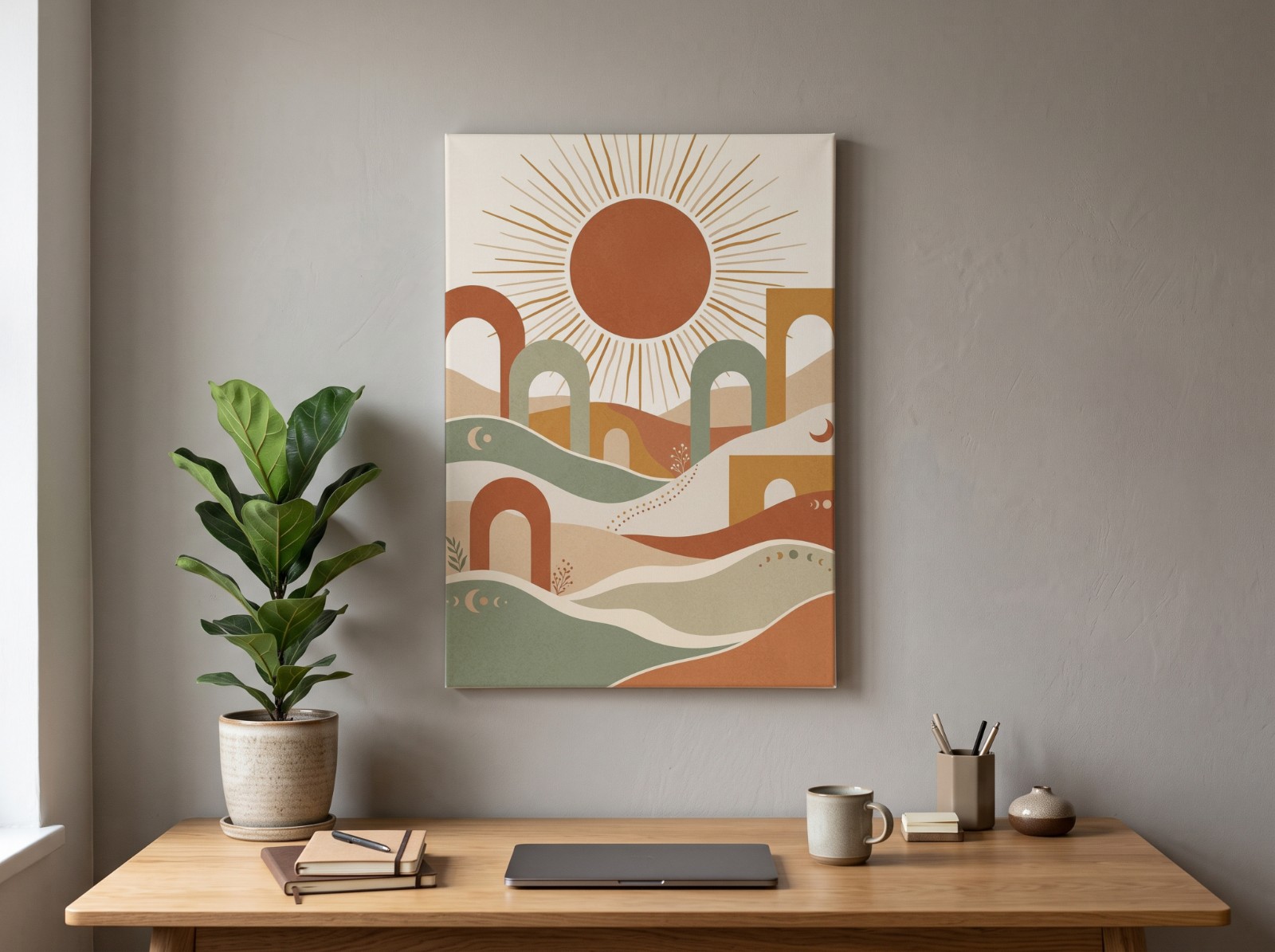 White Portrait Canvas Mockup above a Home Office Desk example