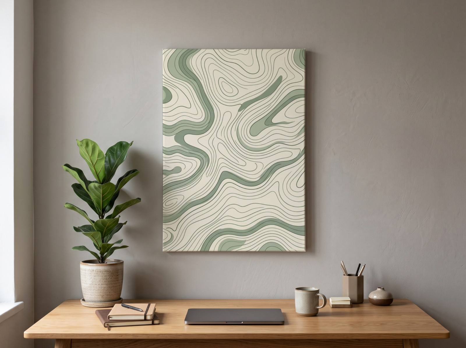 White Portrait Canvas above a Home Office Desk showing a sage topographic map pattern