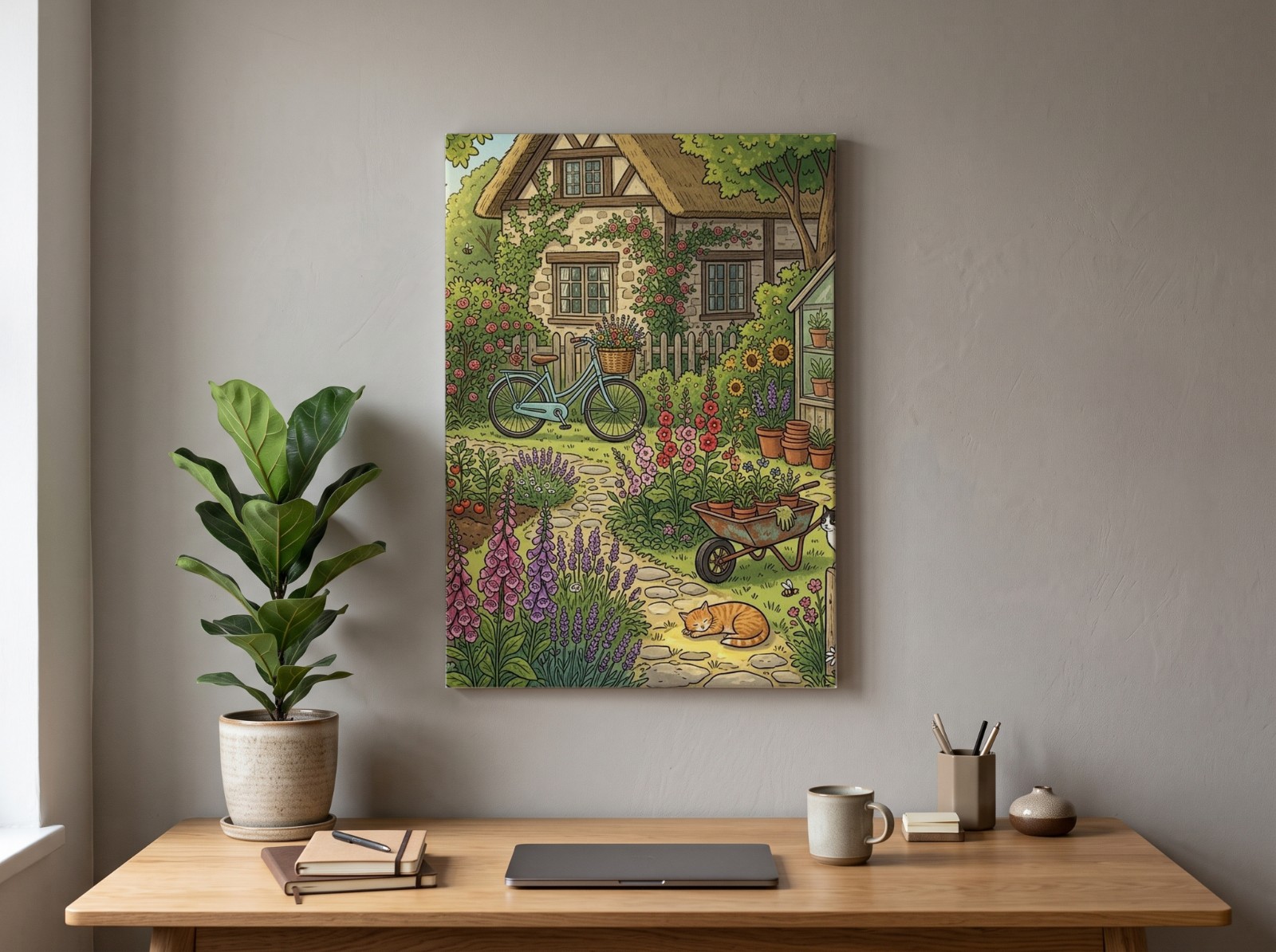 White Portrait Canvas above a Home Office Desk showing a cottage garden illustration