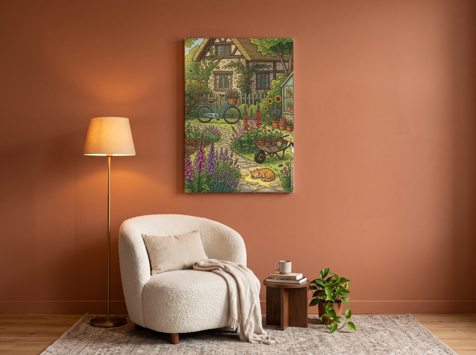 White Portrait Canvas in a Terracotta Reading Nook showing a cottage garden illustration