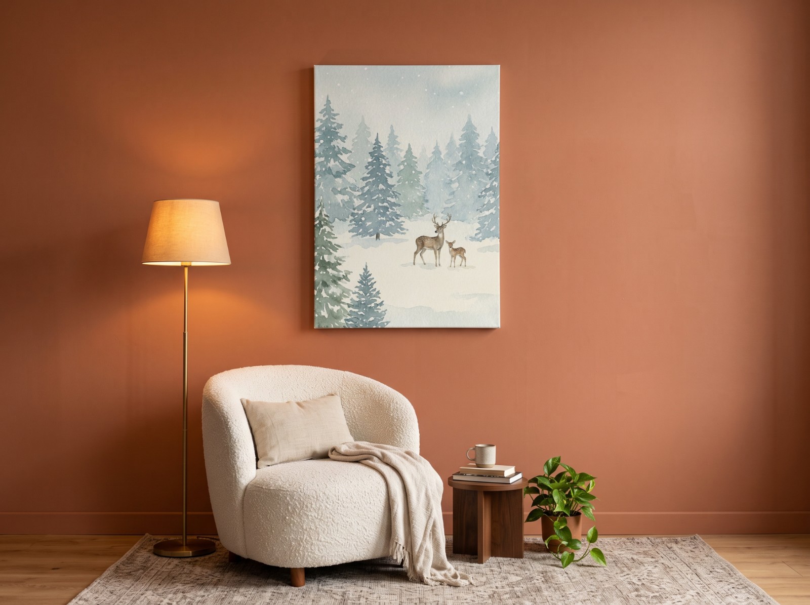 White Portrait Canvas in a Terracotta Reading Nook showing a winter forest painting