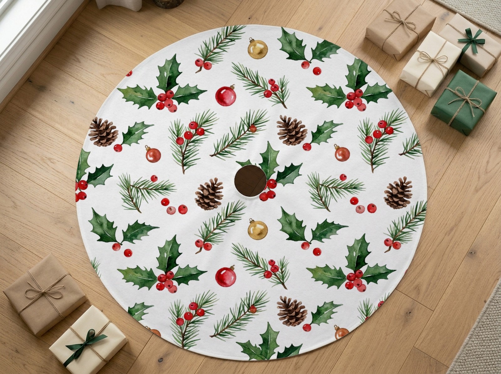 White Round Christmas Tree Skirt Mockup on an Oak Floor with Gifts example