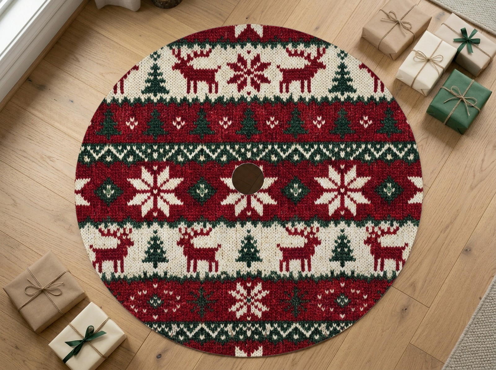 White Round Christmas Tree Skirt on an Oak Floor with Gifts showing a Nordic fair isle reindeer pattern
