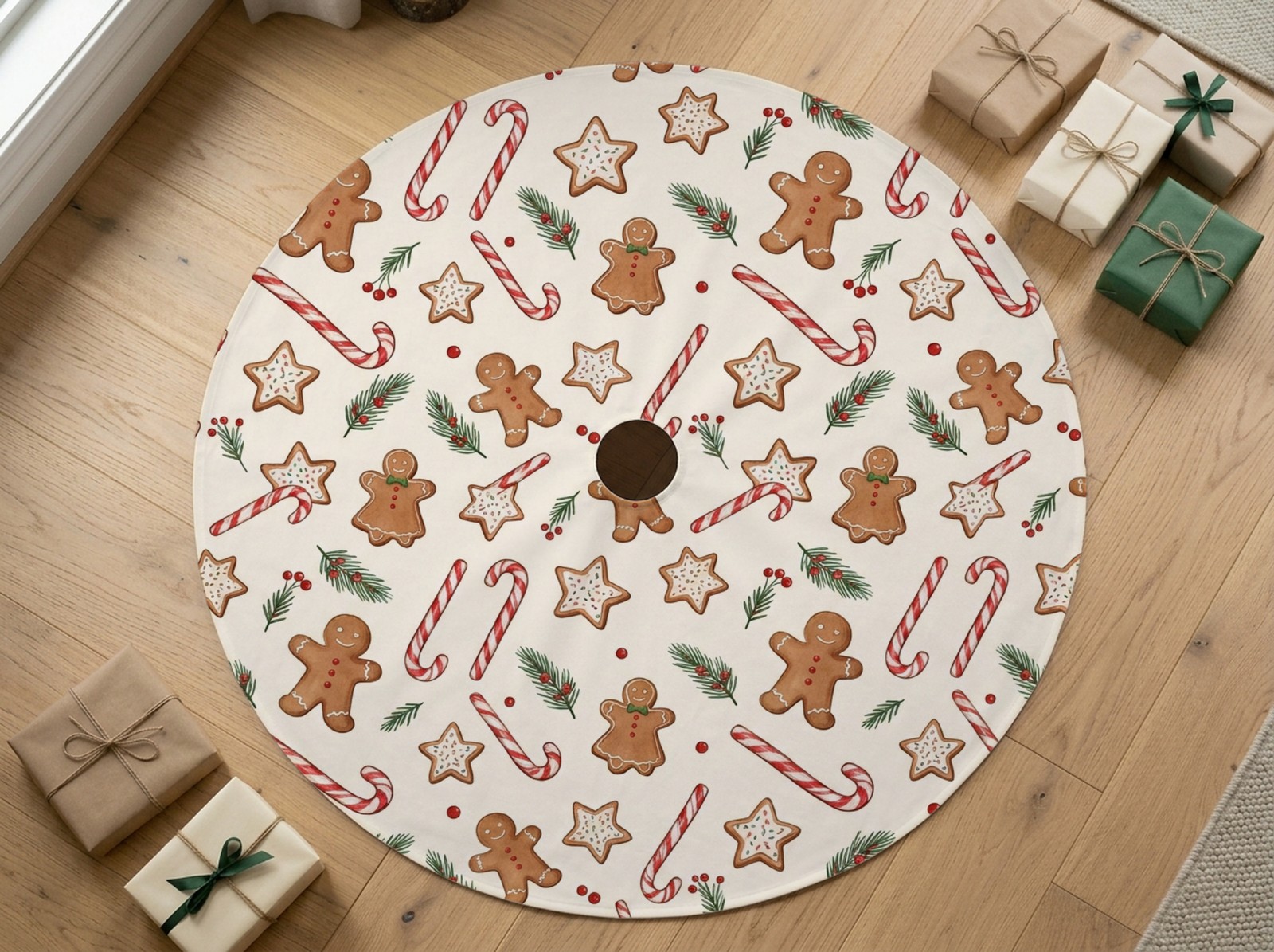 White Round Christmas Tree Skirt on an Oak Floor with Gifts showing a gingerbread and candy cane pattern
