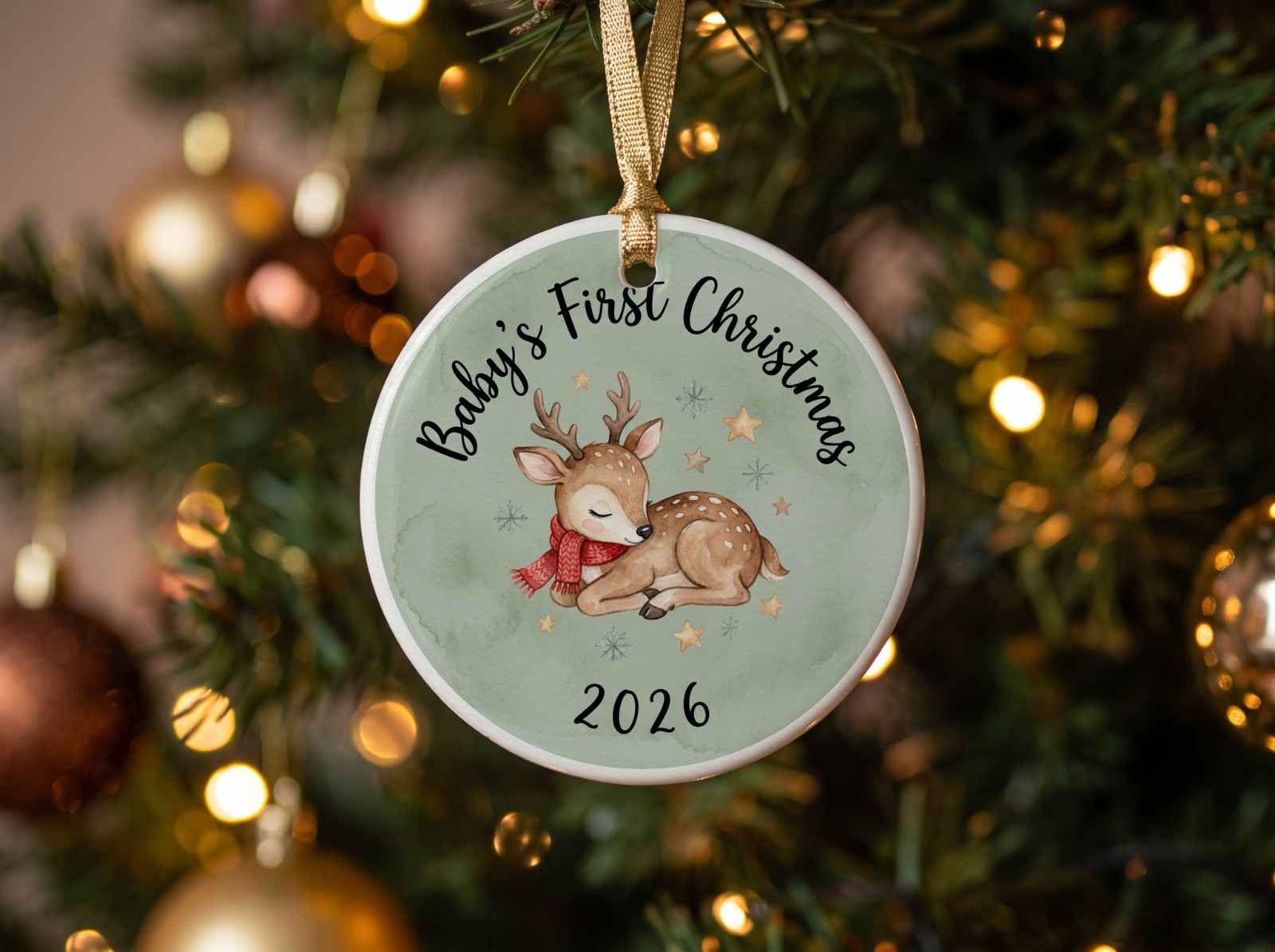 White Round Ornament with a Gold Ribbon on a Lit Tree showing a Baby's First Christmas design