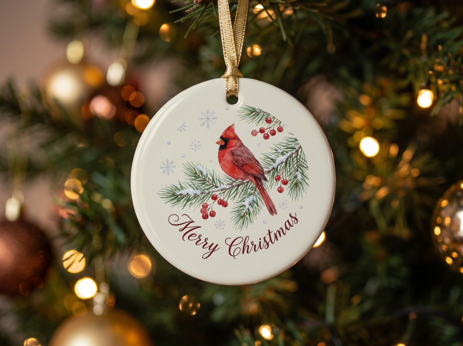 White Round Ornament with a Gold Ribbon on a Lit Tree showing a cardinal Merry Christmas design