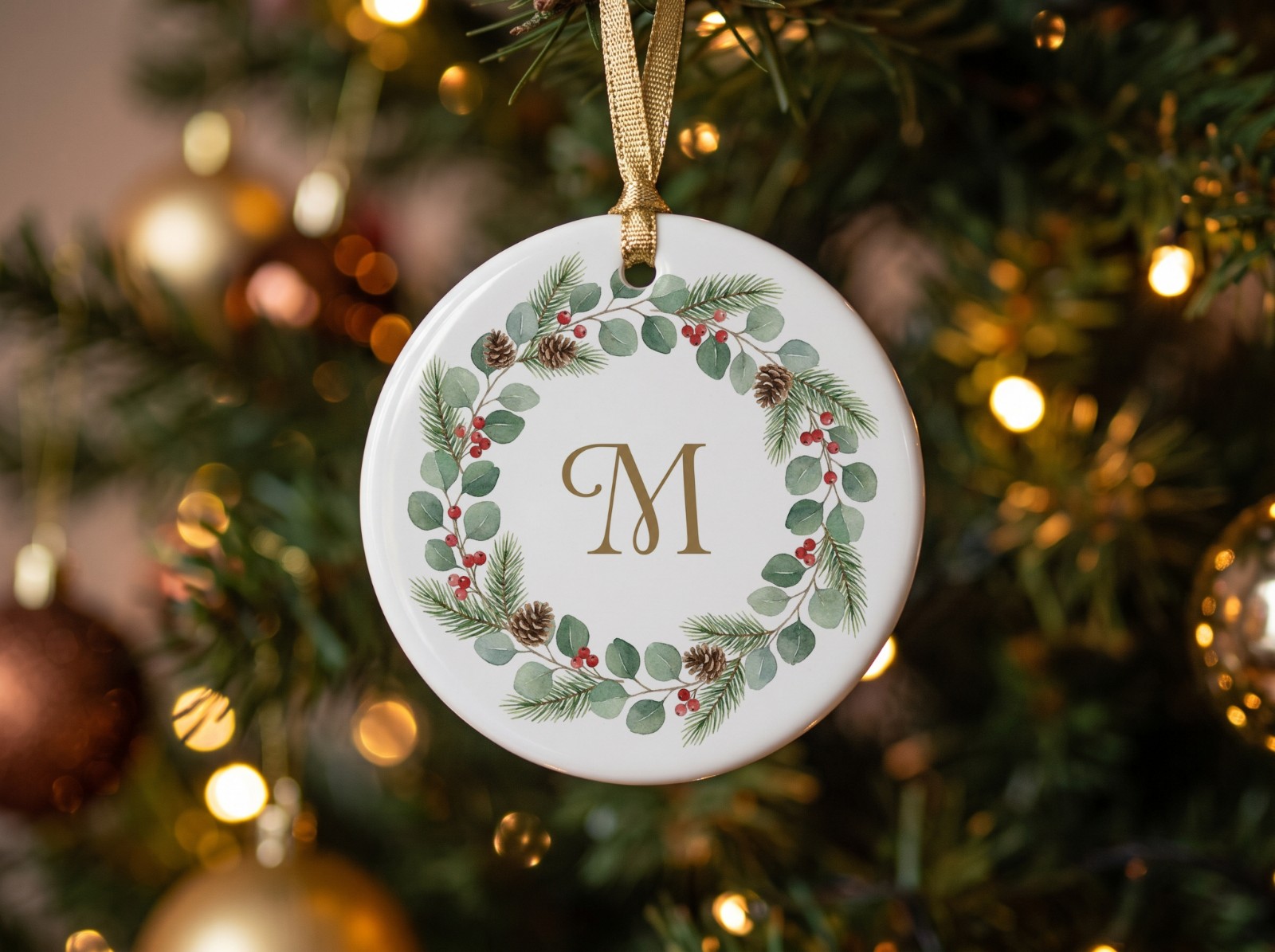 White Round Ornament with a Gold Ribbon on a Lit Tree showing a monogram wreath
