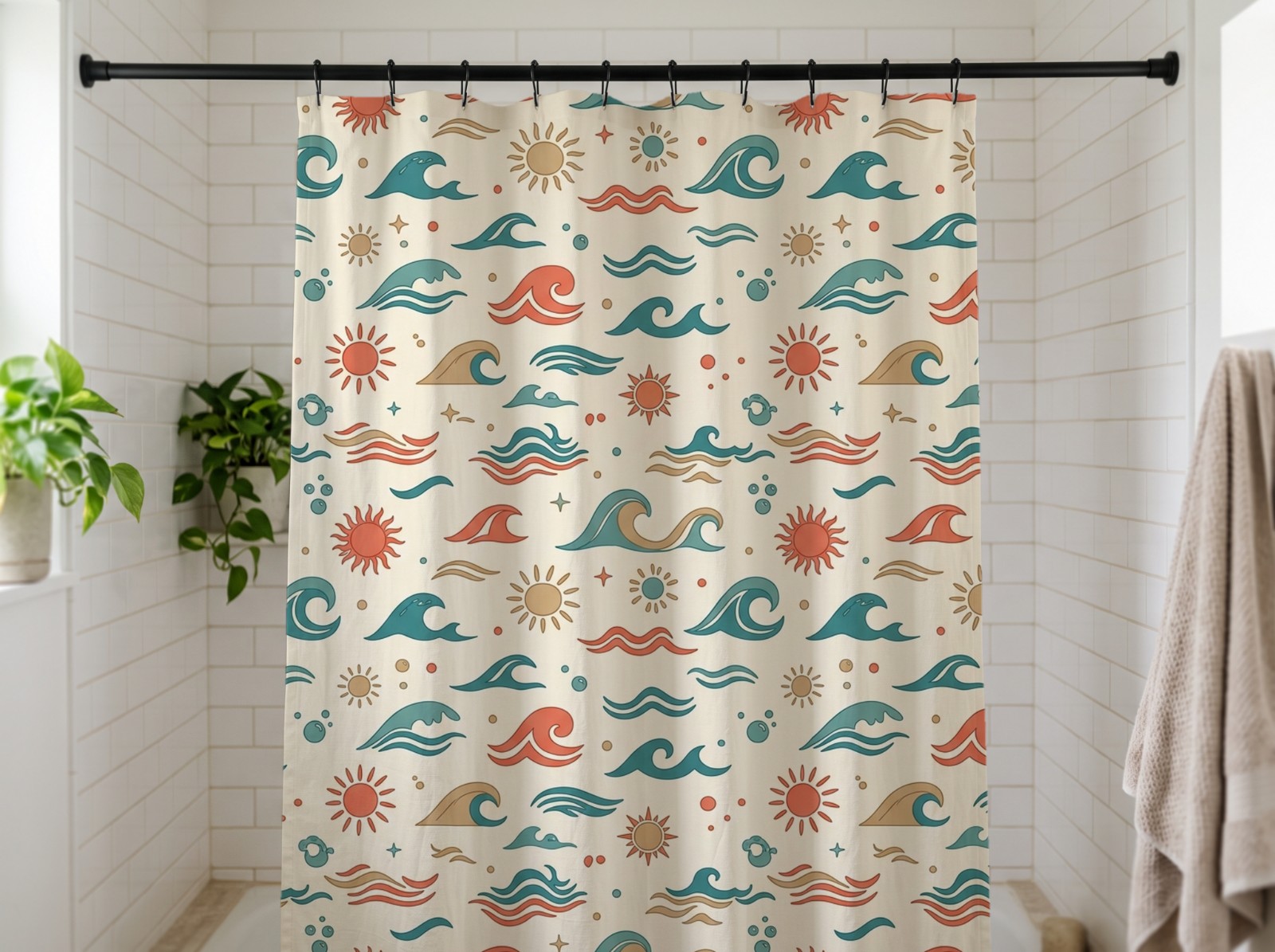 White Shower Curtain Mockup in a Subway Tile Bathroom example